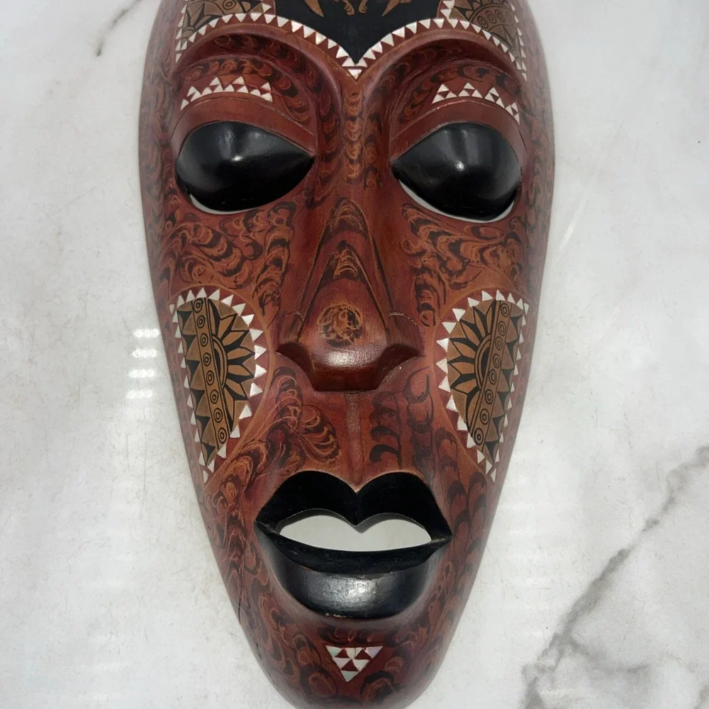 Vintage Malacca Malaysian Wood Mask Carved With Mother Of Pearl Inlay